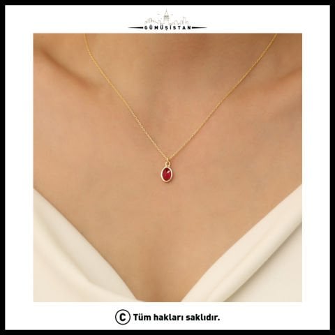 925 Ayar Gümüş Kırmızı Taşlı Damla Kolye