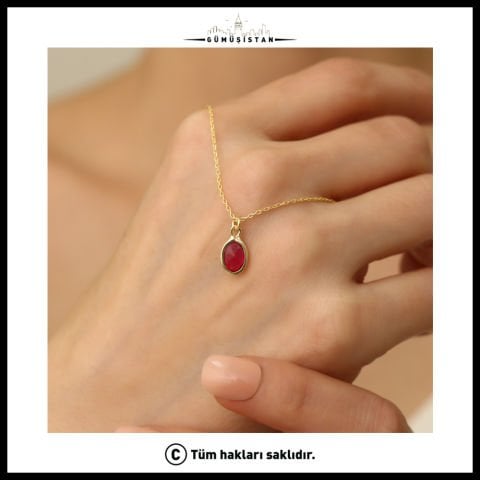 925 Ayar Gümüş Kırmızı Taşlı Damla Kolye