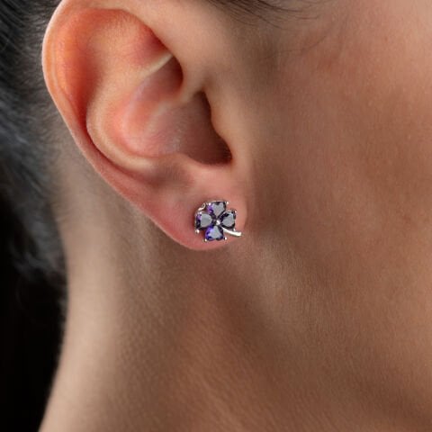 925 Ayar Gümüş Mor Taşlı Kalp Detaylı Yonca Küpe