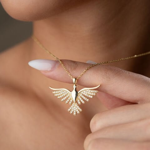 925 Ayar Gümüş Altın Kaplama Işıltılı Anka Kuşu Kolye