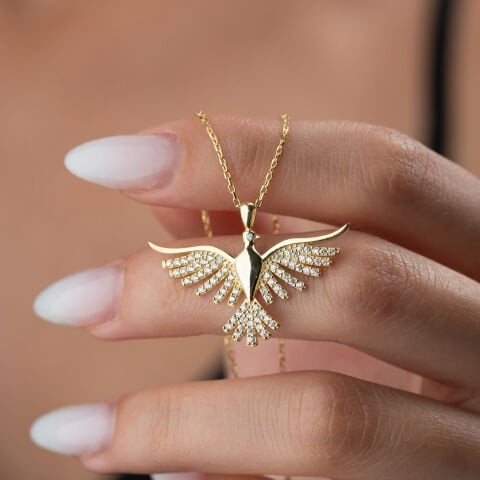 925 Ayar Gümüş Altın Kaplama Işıltılı Anka Kuşu Kolye