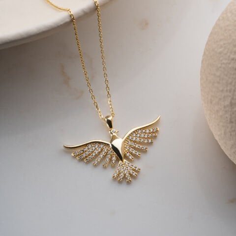 925 Ayar Gümüş Altın Kaplama Işıltılı Anka Kuşu Kolye