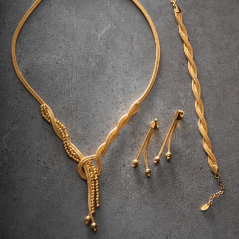 925 Ayar Gümüş Altın Kaplama Örgü Tasarım Dorika Takı Seti