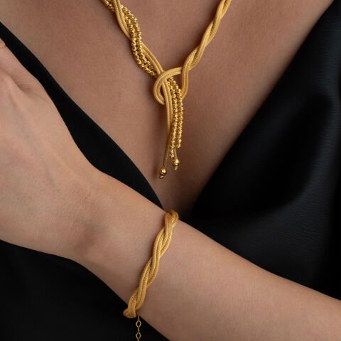 925 Ayar Gümüş Altın Kaplama Örgü Tasarım Dorika Takı Seti