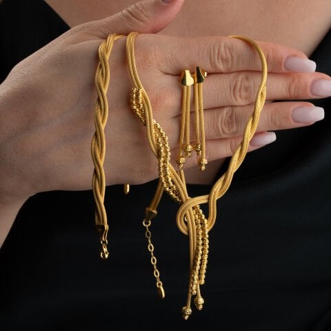 925 Ayar Gümüş Altın Kaplama Örgü Tasarım Dorika Takı Seti