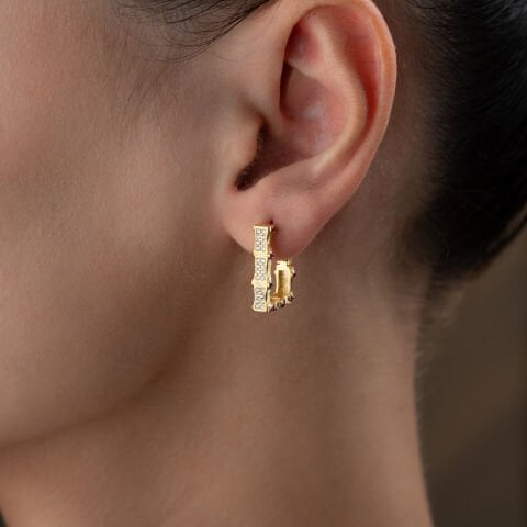 925 Ayar Gümüş Altın Kaplama Baget Formlu Pembe Taşlı Halka Küpe