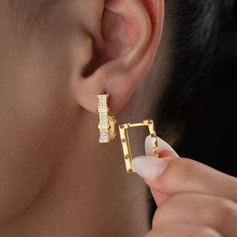 925 Ayar Gümüş Altın Kaplama Baget Formlu Pembe Taşlı Halka Küpe