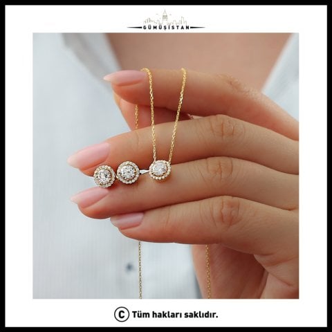 925 Ayar Gümüş Pırlanta Model Kolye Küpe Seti