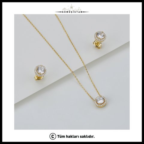 925 Ayar Gümüş Pırlanta Model Kolye Küpe Seti
