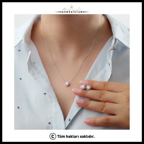 925 Ayar Gümüş Pırlanta Model Kolye Küpe Seti ( Rodyum )