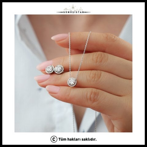 925 Ayar Gümüş Pırlanta Model Kolye Küpe Seti ( Rodyum )