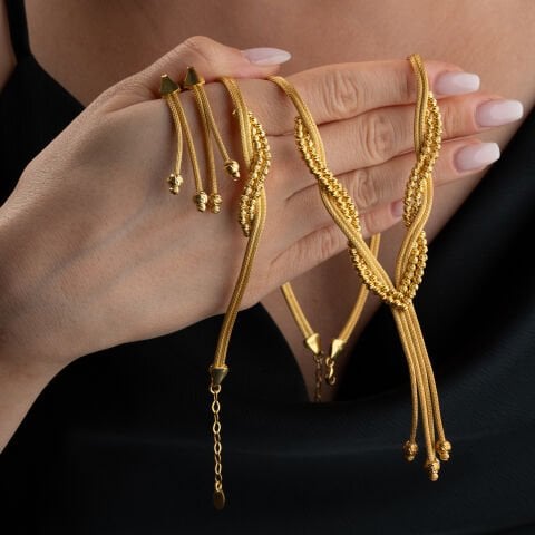 925 Ayar Gümüş Altın Kaplama El İşçiliği Hasır Dorika Takı Seti