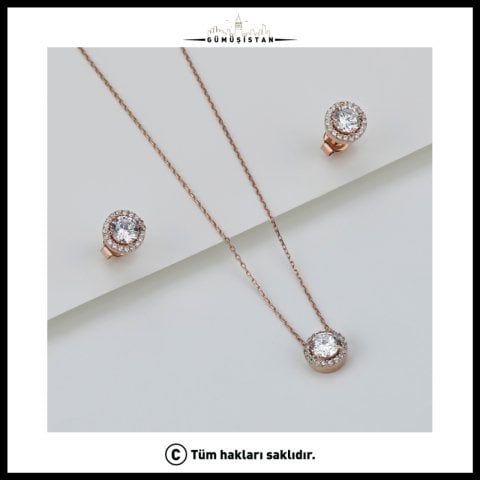 925 Ayar Gümüş Pırlanta Model Kolye Küpe Seti ( Rose Gold )