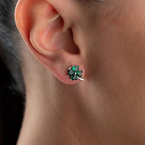 925 Ayar Gümüş Kalp Kesim Zirkon Taşlı Şans Yoncası Küpe