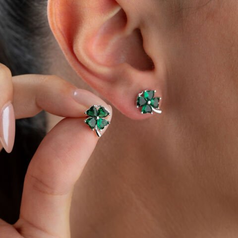 925 Ayar Gümüş Kalp Kesim Zirkon Taşlı Şans Yoncası Küpe