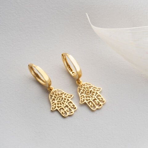 925 Ayar Gümüş Altın Kaplama Fatma Ana Eli Sallantılı Halka Küpe