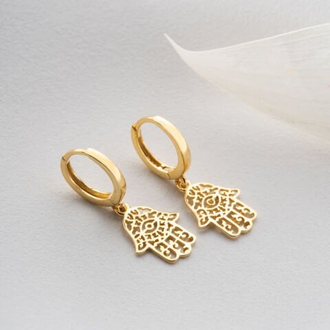 925 Ayar Gümüş Altın Kaplama Fatma Ana Eli Sallantılı Halka Küpe