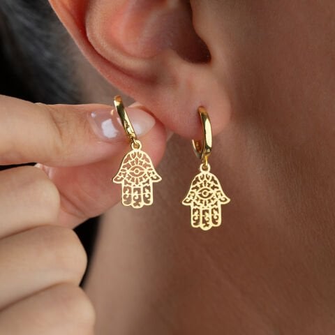 925 Ayar Gümüş Altın Kaplama Fatma Ana Eli Sallantılı Halka Küpe