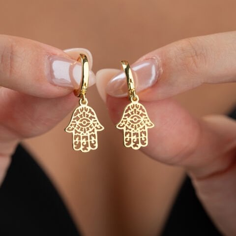 925 Ayar Gümüş Altın Kaplama Fatma Ana Eli Sallantılı Halka Küpe