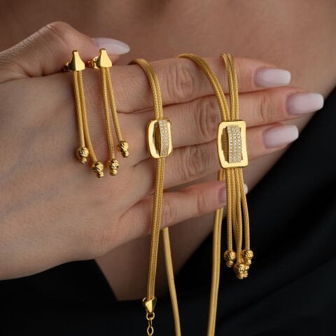 925 Ayar Gümüş Altın Kaplama Baget Taşlı Örgü Dorika Set