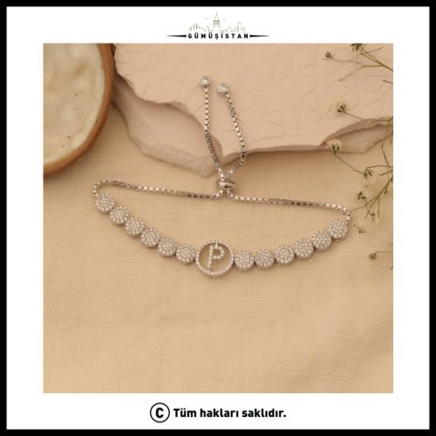 925 Ayar Gümüş Tek Harf Asansörlü Yuvarlak Taş Bileklik