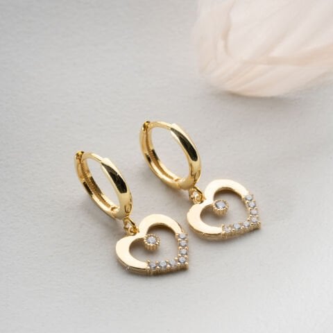 925 Ayar Gümüş Altın Kaplama Işıltılı Kalp Sallantılı Halka Küpe