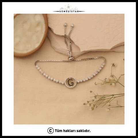 925 Ayar Gümüş Sİyah Taşlı Harfli Asansörlü Suyolu