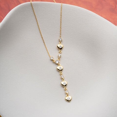 925 Ayar Gümüş Altın Kaplama Taşlı Kalp ve Tektaş Detaylı Sıra Kolye