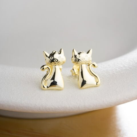 925 Ayar Gümüş Altın Kaplama Minimalist Kedi Küpe