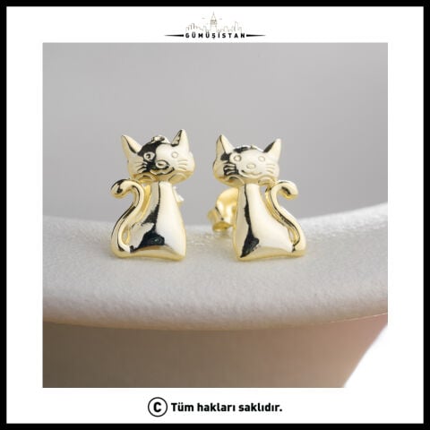 925 Ayar Gümüş Kedi Figürlü Küpe – Gold Renk Minimal Kadın Küpe