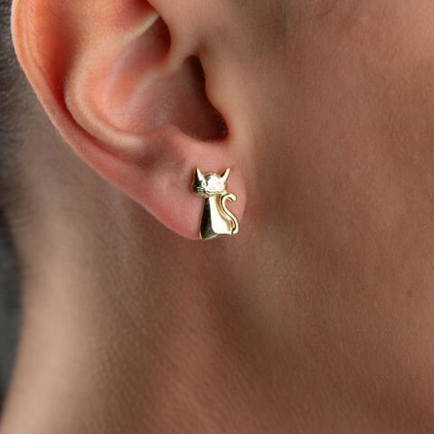 925 Ayar Gümüş Altın Kaplama Minimalist Kedi Küpe