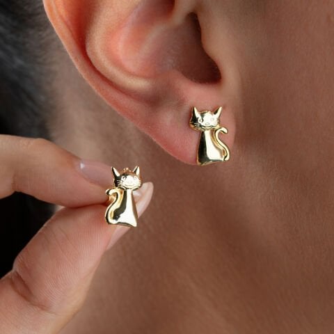 925 Ayar Gümüş Altın Kaplama Minimalist Kedi Küpe