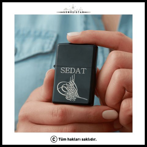 Kişiye Özel İsimli Osmanlı Tuğralı Çakmak – Tuğra Motifli Siyah Metal Erkek Çakmak