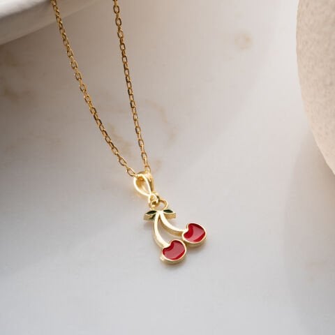 925 Ayar Gümüş Altın Kaplama Minimalist Kiraz Figürlü Kolye