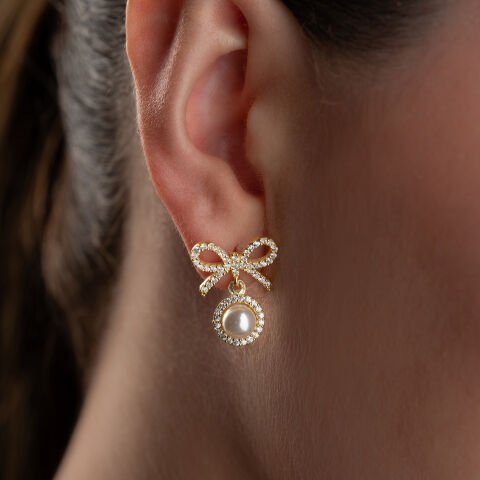 925 Ayar Gümüş Altın Kaplama İncili ve Taşlı Fiyonk Küpe