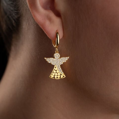 925 Ayar Gümüş Altın Kaplama Taşlı Melek Figürlü Sallantılı Halka Küpe