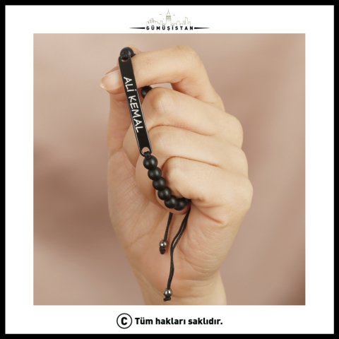 Kişiye Özel İsimli Mat Oniks Bileklik – Makrome Örgü Çelik Plakalı Erkek Bilekliği