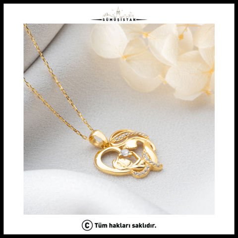 925 Ayar Gümüş Gold Kalp Anne Bebek Kolye