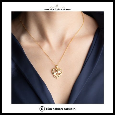 925 Ayar Gümüş Gold Kalp Anne Bebek Kolye