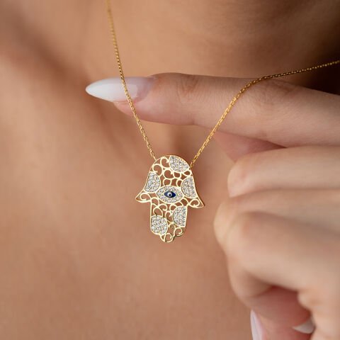 925 Ayar Gümüş Altın Kaplama Nazar Boncuklu Fatma Ana Eli Kolye