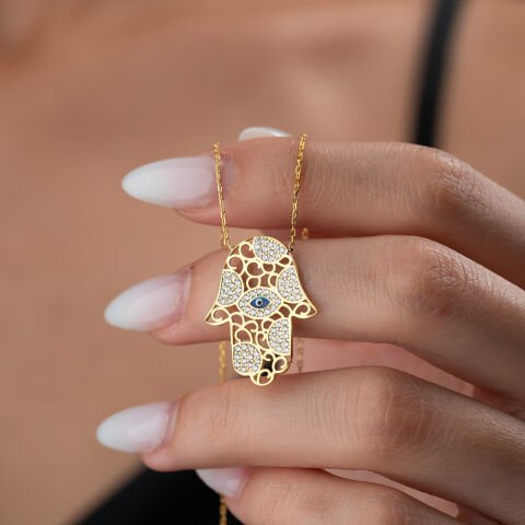 925 Ayar Gümüş Altın Kaplama Nazar Boncuklu Fatma Ana Eli Kolye