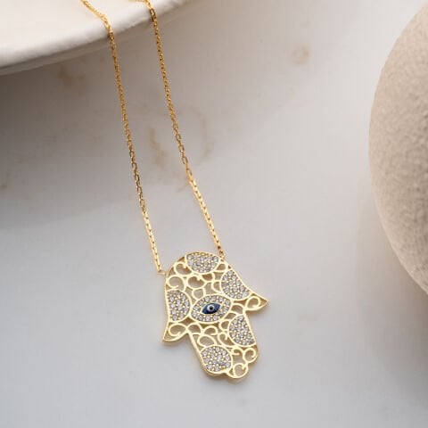 925 Ayar Gümüş Altın Kaplama Nazar Boncuklu Fatma Ana Eli Kolye