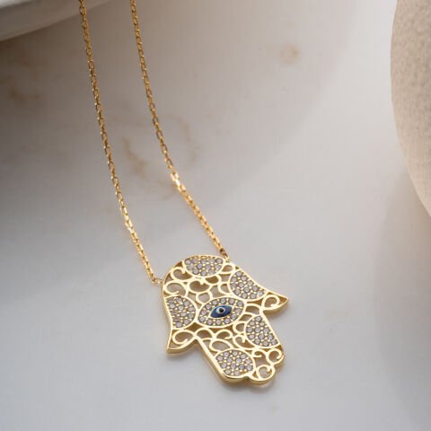 925 Ayar Gümüş Altın Kaplama Nazar Boncuklu Fatma Ana Eli Kolye