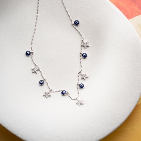 925 Ayar Gümüş Nazarlı ve Zirkon Taşlı Yıldız Kolye