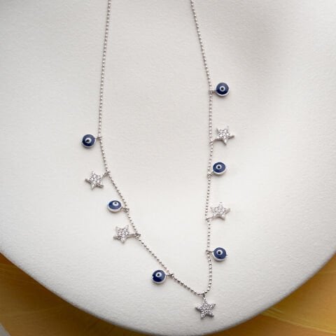 925 Ayar Gümüş Nazarlı ve Zirkon Taşlı Yıldız Kolye