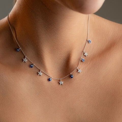 925 Ayar Gümüş Nazarlı ve Zirkon Taşlı Yıldız Kolye