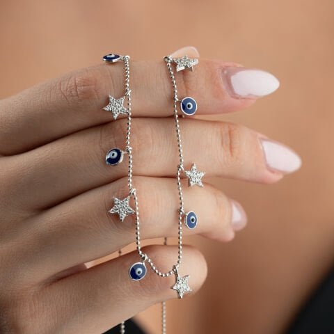 925 Ayar Gümüş Nazarlı ve Zirkon Taşlı Yıldız Kolye