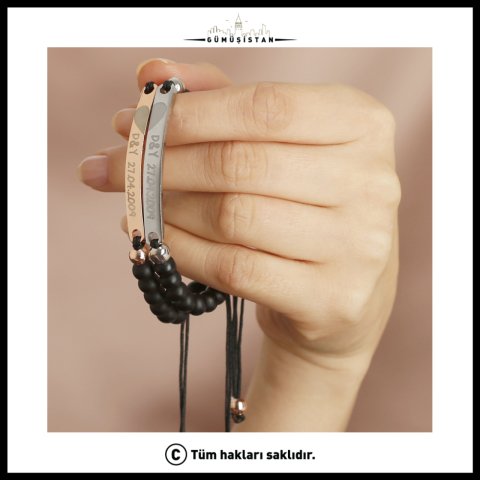 Kişiye Özel Kalpli İsimli ve Tarihli Çift Çelik Bileklik ( İki Adet )