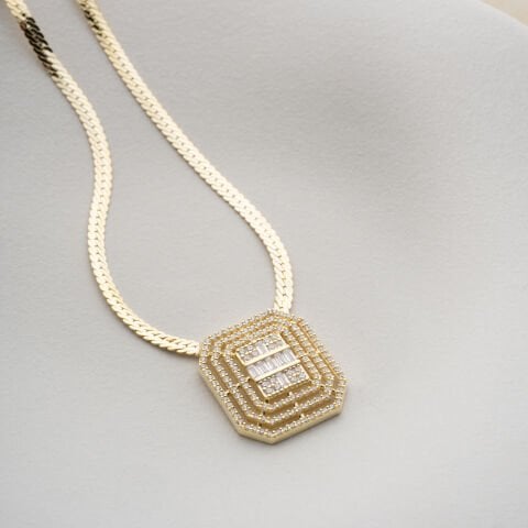 925 Ayar Gümüş Altın Kaplama Baget Taşlı Geometrik Kolye