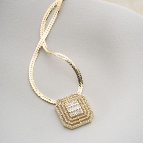 925 Ayar Gümüş Altın Kaplama Baget Taşlı Geometrik Kolye